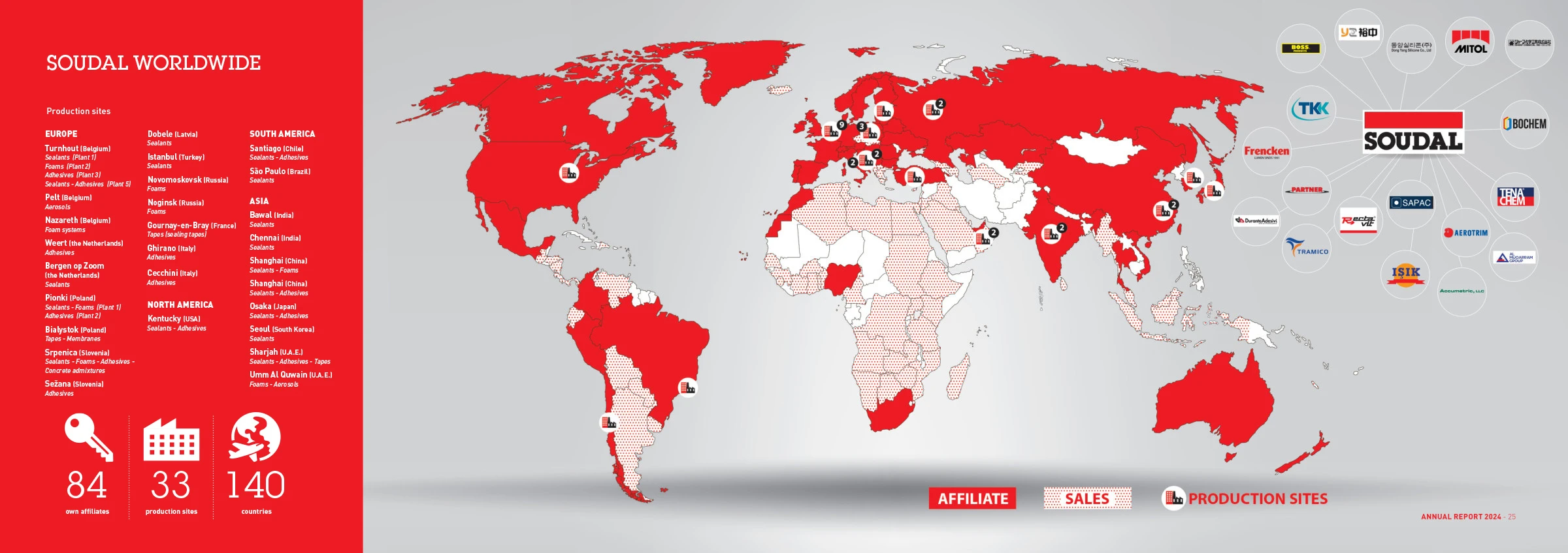 Official Soudal worldwide map showing affiliate countries, sales markets and production sites